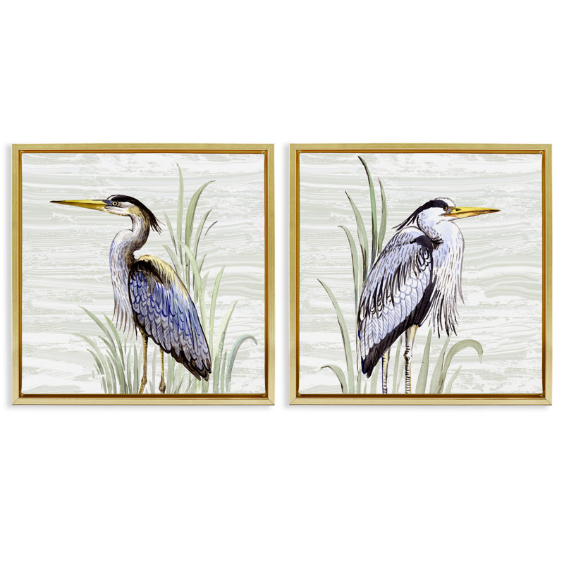 Ensemble de 2 toiles flottantes encadrées dorées "Coastal Birds on Birch" par Elena Vladykina, Cadre flottant métallique doré
