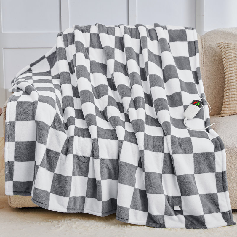 Couverture chauffante pour adulte Sherpa, Très grand lit, Tissu écossais gris