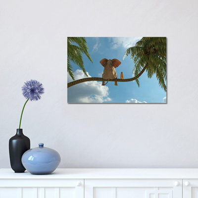 Elephant and Dog Sit on a Palm Tree 1 Piece Wall Art on Canvas