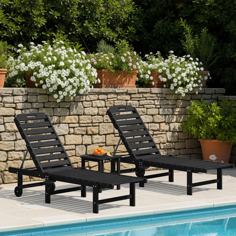 78" Long Outdoor Reclining Chaise Lounge With Cup Holder & Wheels (Set Of 2), Black