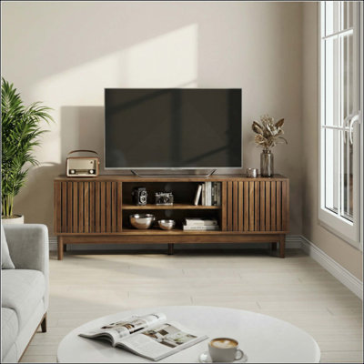 Meuble télé, meuble télé de style moderne Mid-Century (convient aux téléviseurs de 55/65 po), centre de divertissement avec espace de rangement, console multimédia pour le salon et la chambre à coucher