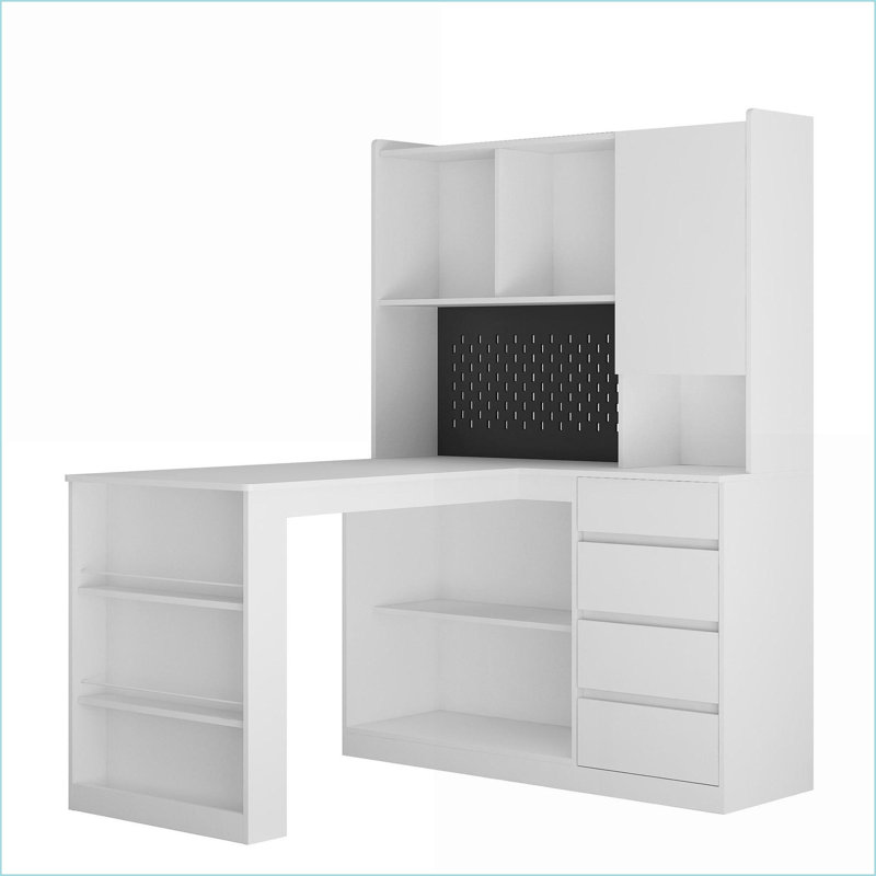 Bureaux, bureau d'ordinateur moderne en L avec station de charge, tiroirs, bibliothèque et amp; Lumière DEL | Blanc | Panneau de fibres à densité moyenne