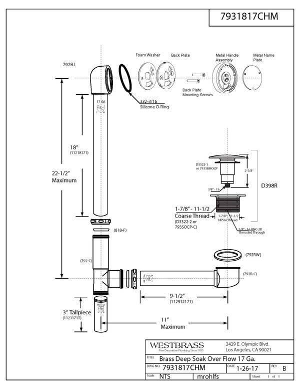 Westbrass D3311-F-26 1.38 in. Bath Drain with Grid and Screw - Polished Chrome