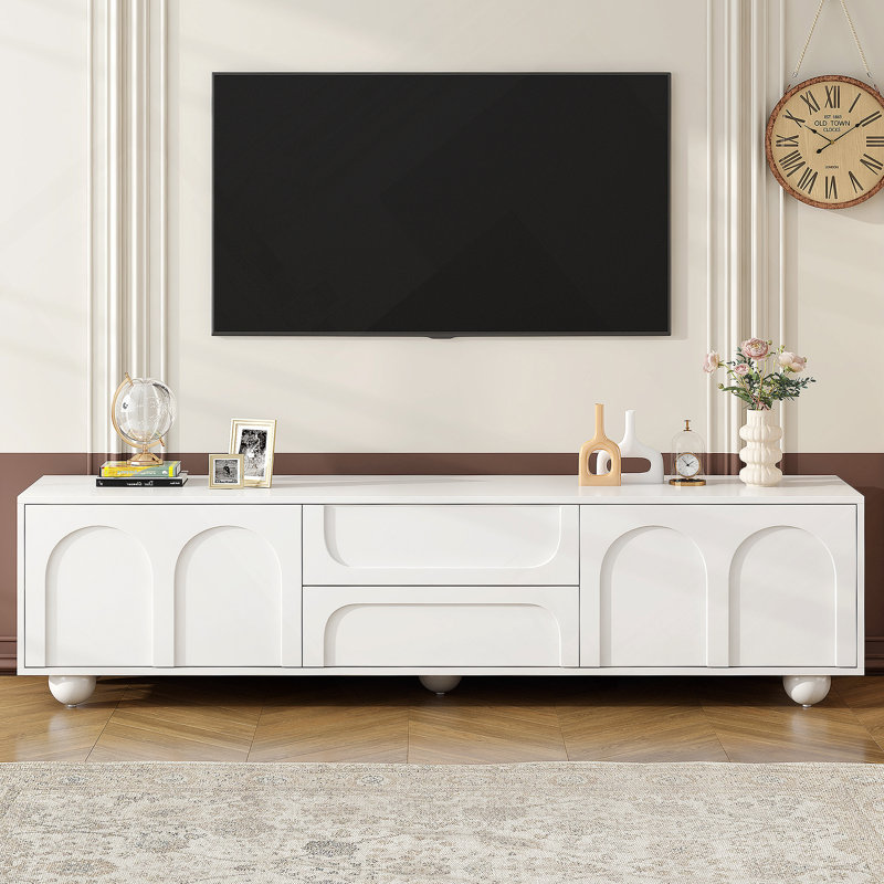Meuble télé de style crème avec portes arquées et 2 tiroirs pour téléviseur de 75 po ou moins, console média minimaliste avec dispositif de rebond, centre de divertissement