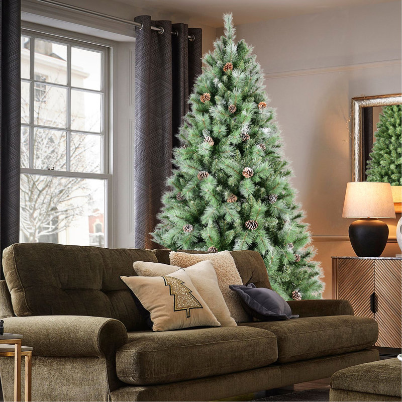 Arbre de Noël 9 pi avec 122 branches de pin, 2518 pointes, branches mixtes et à aiguilles dures, structure à charnières pour une installation facile, support en métal
