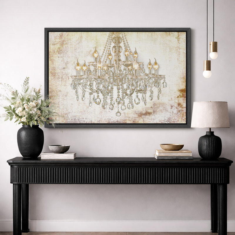Glam Chandelier "Bright Gold Crystal Light Collier Artwork, Vintage Elegant Wall Pictures, Large Framed Canvas Giclée Print Wall Art"