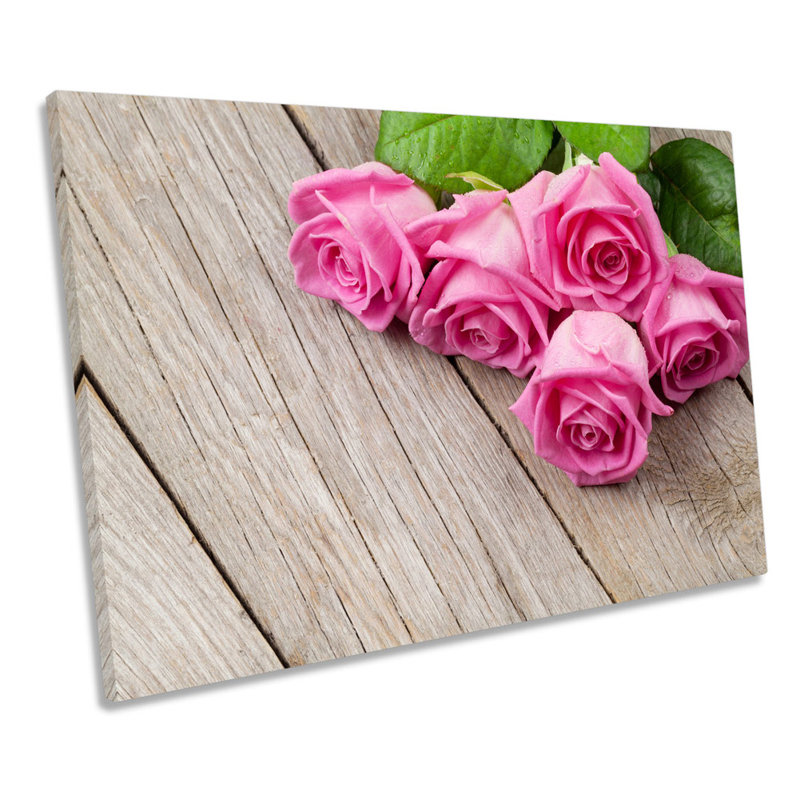 Pink Rose Flower Floorboard - Wrapped Canvas Print, 30.5cm H x 45.7cm W x 2cm D