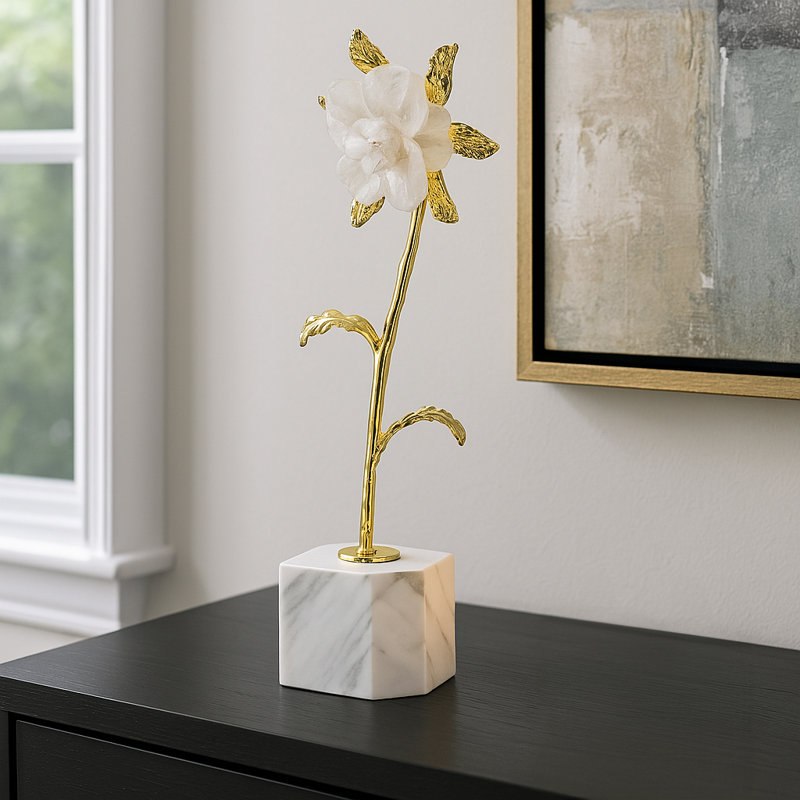 Luxury Floral Decorative Sculpture with Gold Accents and Marble Base - Elegant Handcrafted Tabletop Accent for Home and Office Decor.