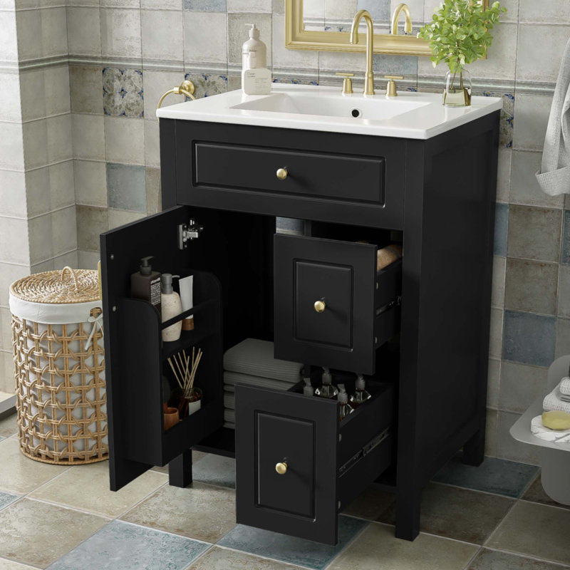 Meuble-lavabo de 24 pouces avec lavabo en céramique, Noir
