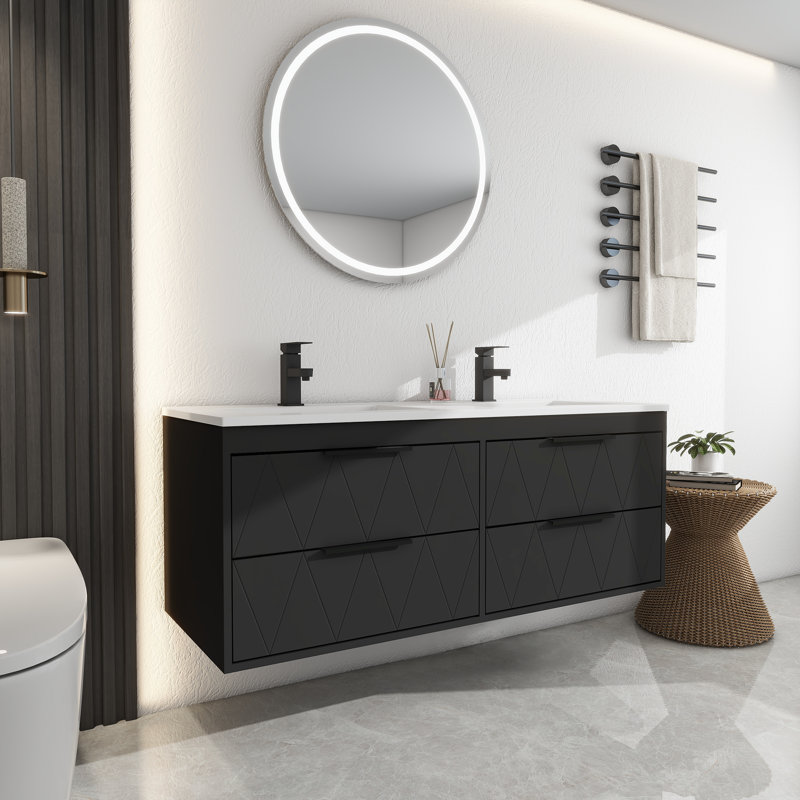 Meuble-lavabo double mural avec plateau en résine Ciarra, Noir