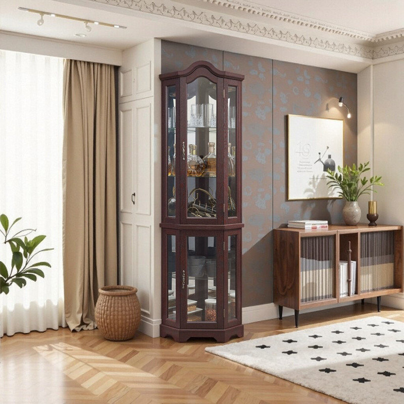 Vitrine d'angle avec tablettes réglables en verre, vitrine à finition rétro avec portes à ouverture par pression, Brun