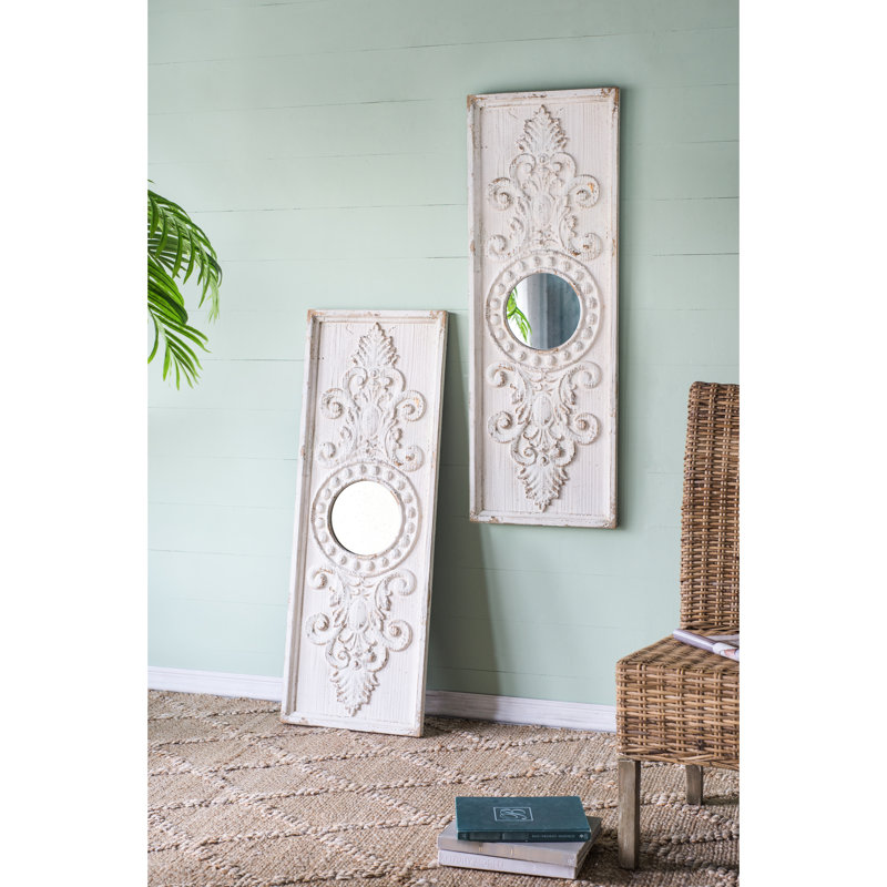 De 2 panneaux muraux en bois de 17 po x 48 po, blanc vieilli avec miroirs ronds, fabrication en bois de sapin robuste pour la décoration de 2 grands panneaux, 17 po x 48 po, finition et intérieur de la maison