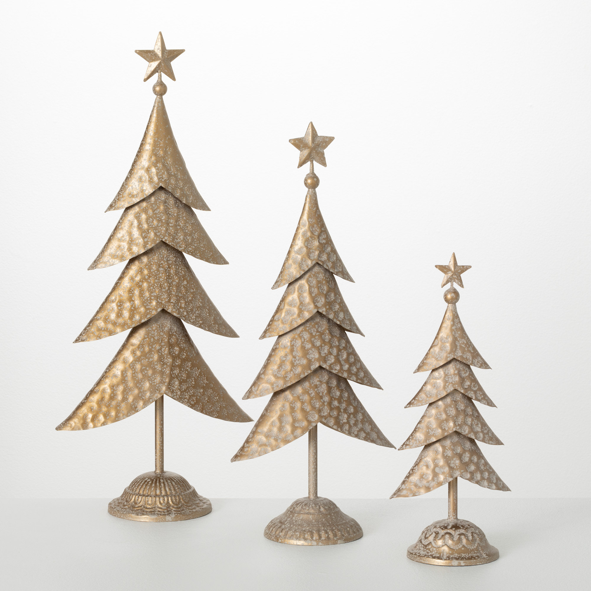 The Holiday Aisle® 13.25"H, 18.25"H And 22"H Gold Metal Tree Figurine Trio, Christmas Decor; Gold | Wayfair