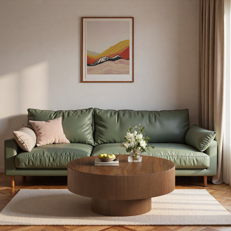 Table basse ronde avec rainures, plateau de table épais et base cylindrique