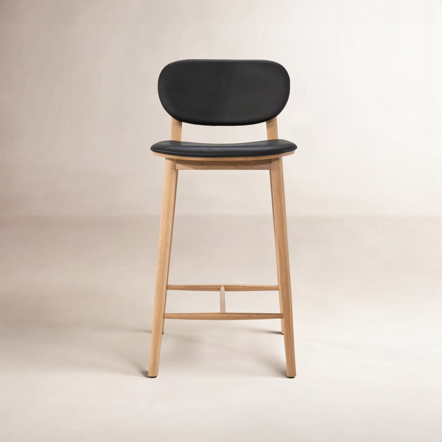 26" Genuine Leather Bar Stool, Black Leather/Oak Frame
