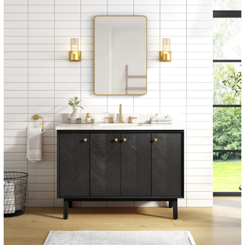 Adele 48" Free Standing Single Bathroom Vanity with Quartz Top, Black, Gold