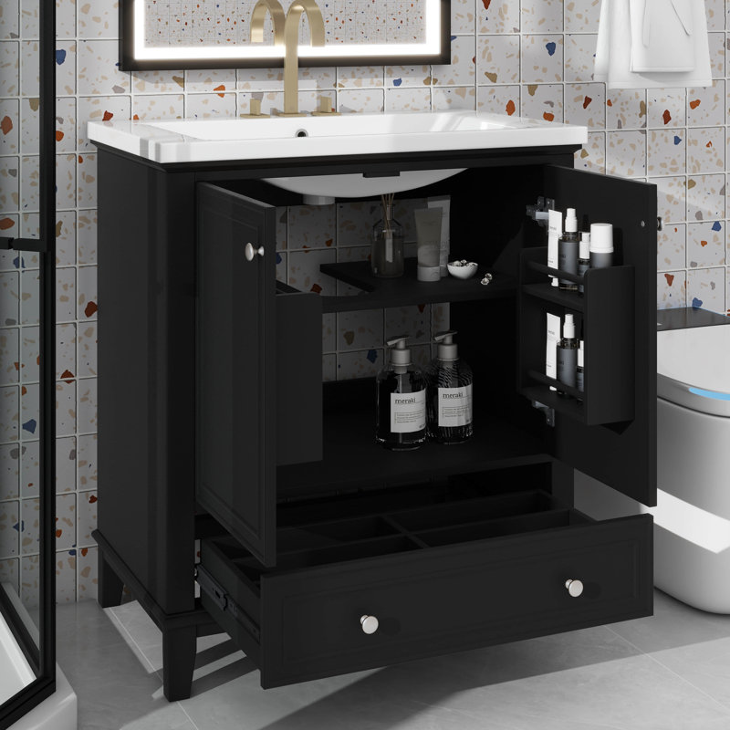 Armoire de salle de bain 30 po avec lavabo et base tout usage avec portes et tiroir, Noir