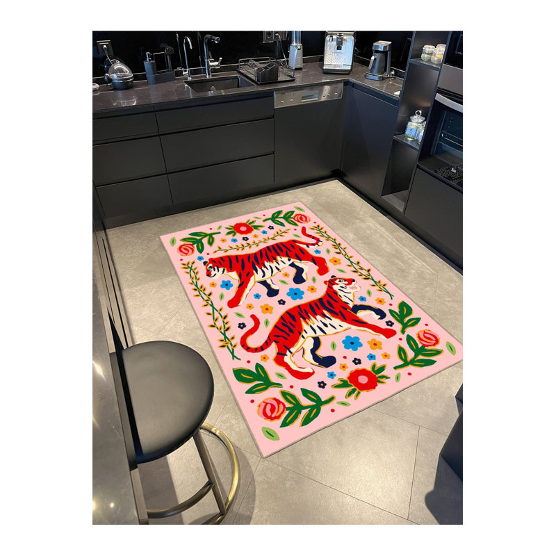 Tiger and Floral Pattern Rug, Square 3'3" Rug Pad Included