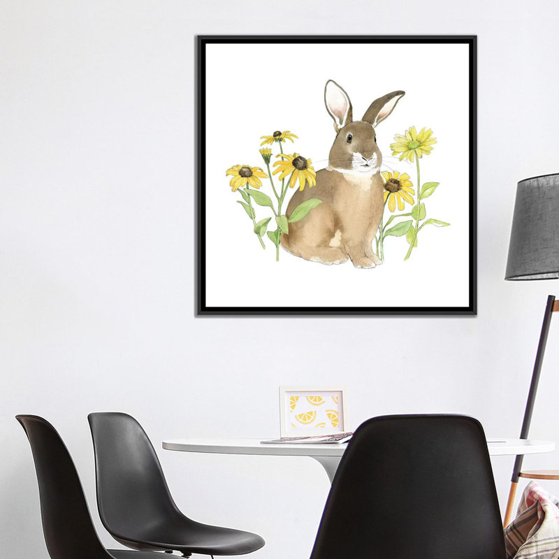 Art sur toile, Wildflower Bunnies, H 37 po x l 37 po x P 1,5 po, Toile avec cadre noir, Aucun mat