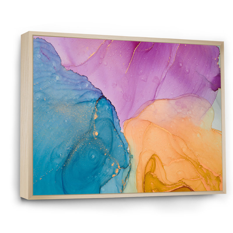 Art liquide bleu et orange II - reproduction sur toile, Cadre flottant en érable, H 12 po x l 20 po x P 1 po