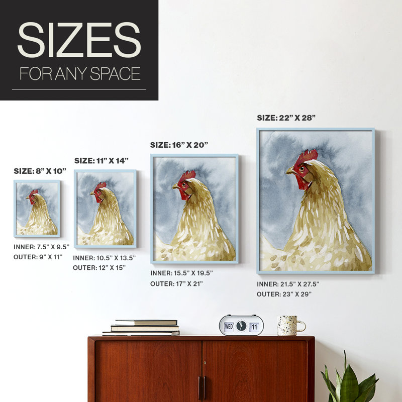 «Chicken Portrait I», reproduction encadrée de qualité supérieure - prête à être accrochée - aucun clou requis - aucun clou requis