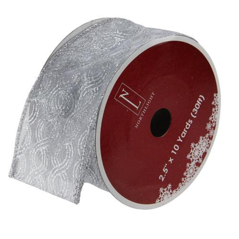 Ruban de Noël câblé argenté scintillant tourbillon 2,5 po x 10 verges