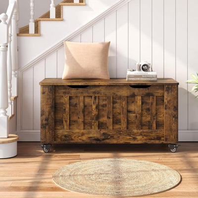 Storage Chest, Wooden Storage Bench With 4 Wheels, 39.4" Storage Trunk With 2 Safety Hinges