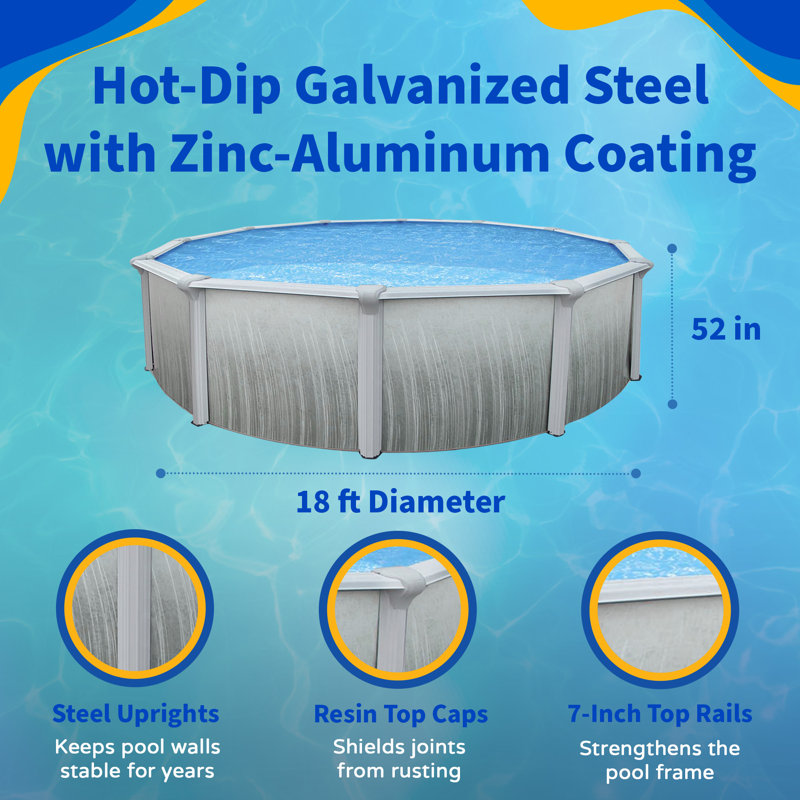 Blue Wave Martinique 18-ft Round 52-In Deep Above Ground Swimming Pool – With Steel Wall & Top Rails, Sand Filter, Overlap Liner, A-Frame Ladder & Maintenance Kit – Complete Outdoor Pool Accessories