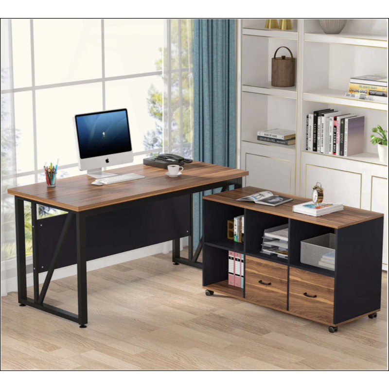 L-Shaped Executive Desk with 47" Mobile File Cabinet, Large Home Office Computer Desk with Storage