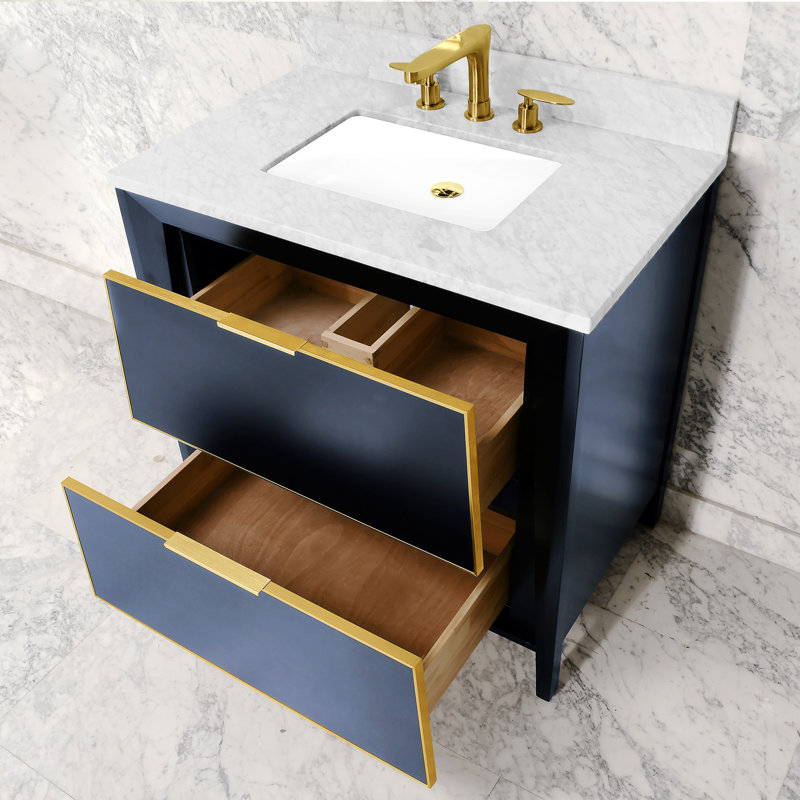 Cheatwood 36'' Single Bathroom Vanity with Marble Top, Navy Blue