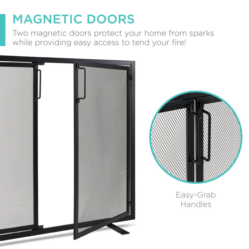 Black Wrought Iron Mesh 2-Door Fireplace Screen