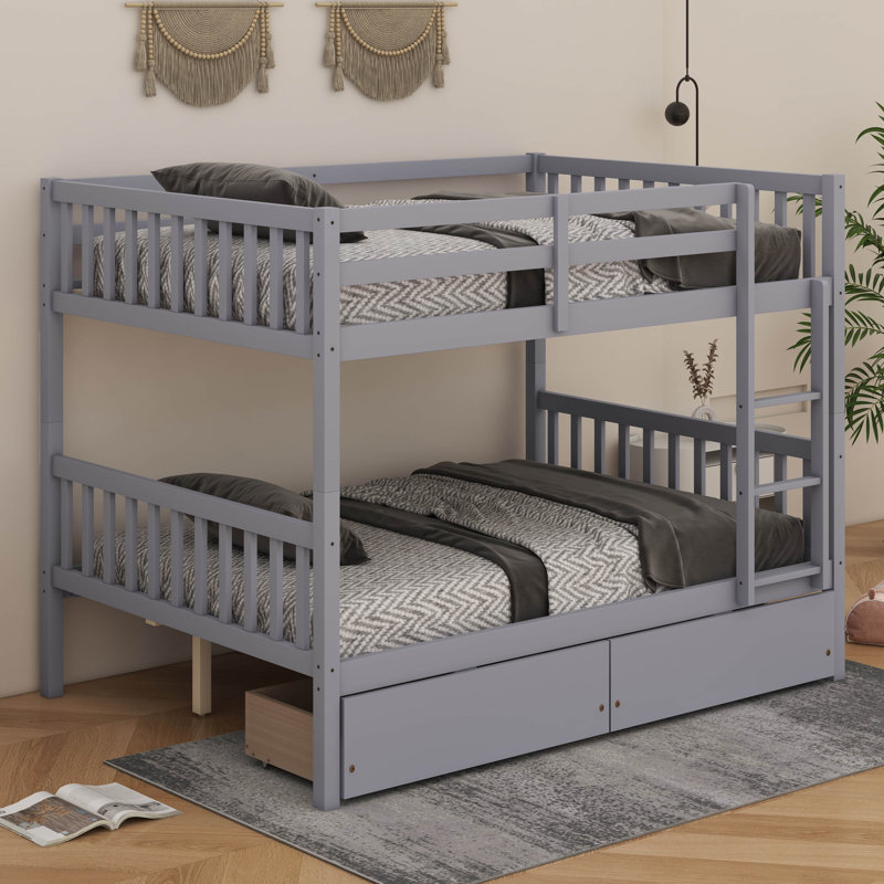 Rubber Wood Bunk Bed – 2 Drawers, Ladder, Safety Guardrails & Convertible To 2 Beds, Gray