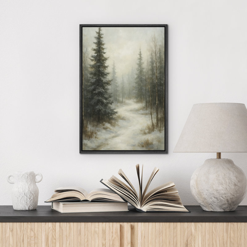 «Winter Forest Path with Snow and Evergreen Trees», reproduction d'art sur toile encadrée, H 36 po x l 24 po x P 1,5 po, Noir