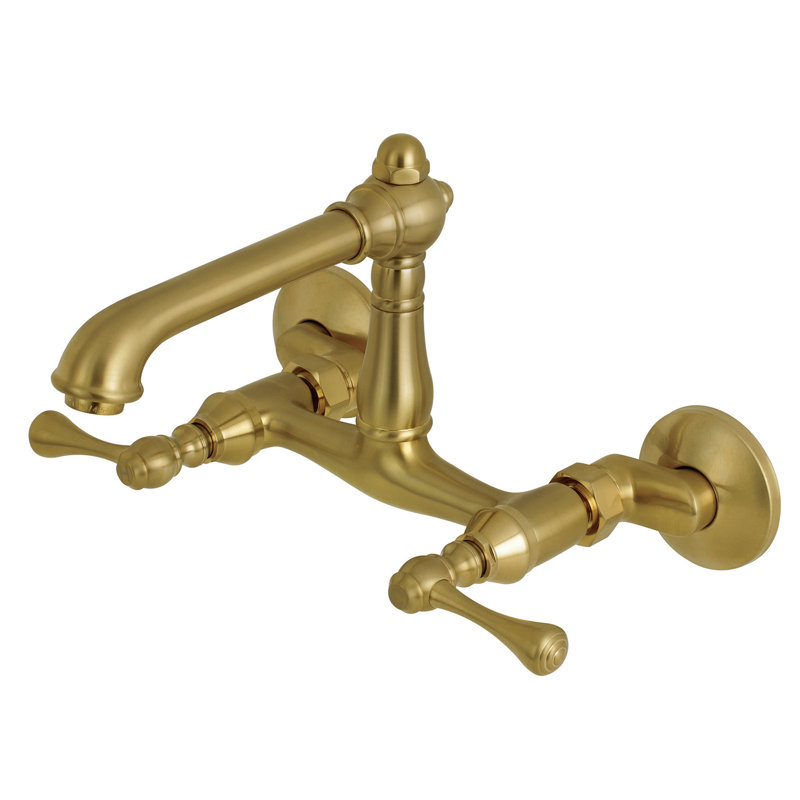 Kingston Brass English Country Double-Handle 2-Hole Wall-Mount Bridge Kitchen Faucet, Satin Brass