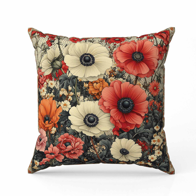 Coussin en simili suède à motif floral, Carré 16 po, Rouge/beige/orange