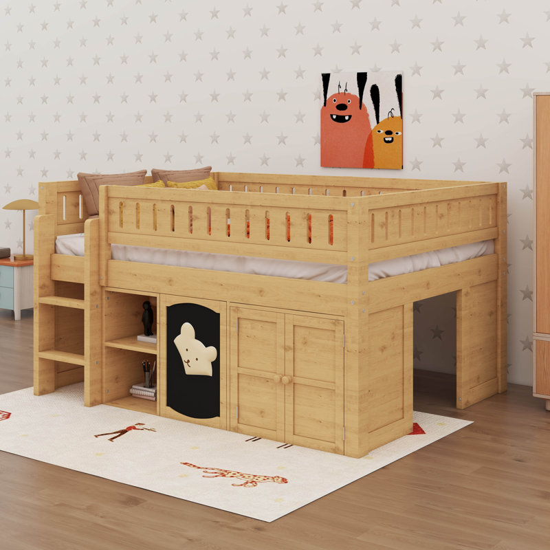 Lit mezzanine double avec armoire de rangement, Naturel