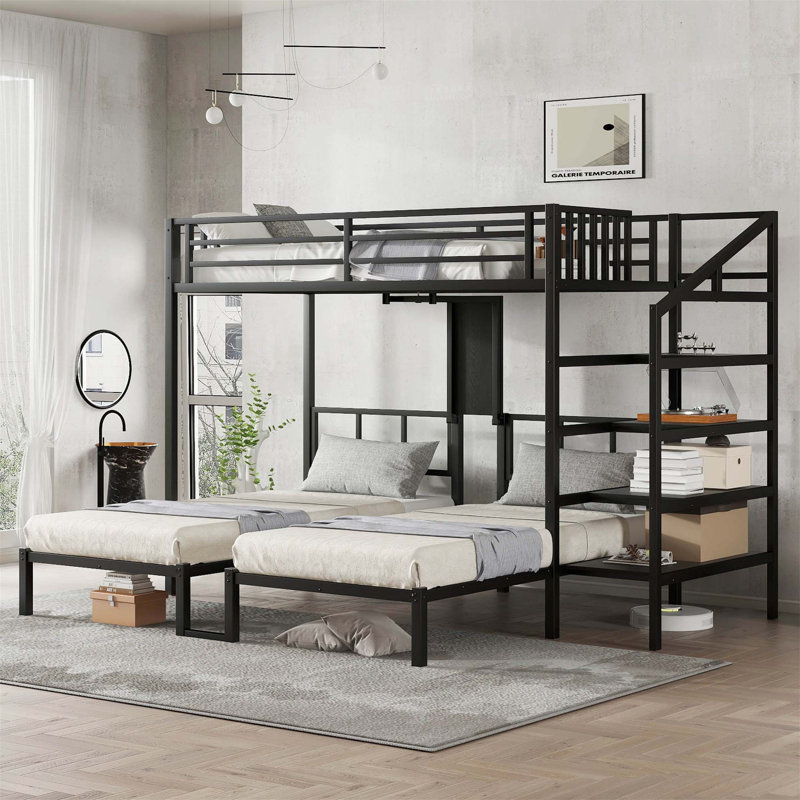Lits superposés pour 3 personnes, lit superposé triple en métal avec bureau et tablettes, économie d'espace / réduction du bruit