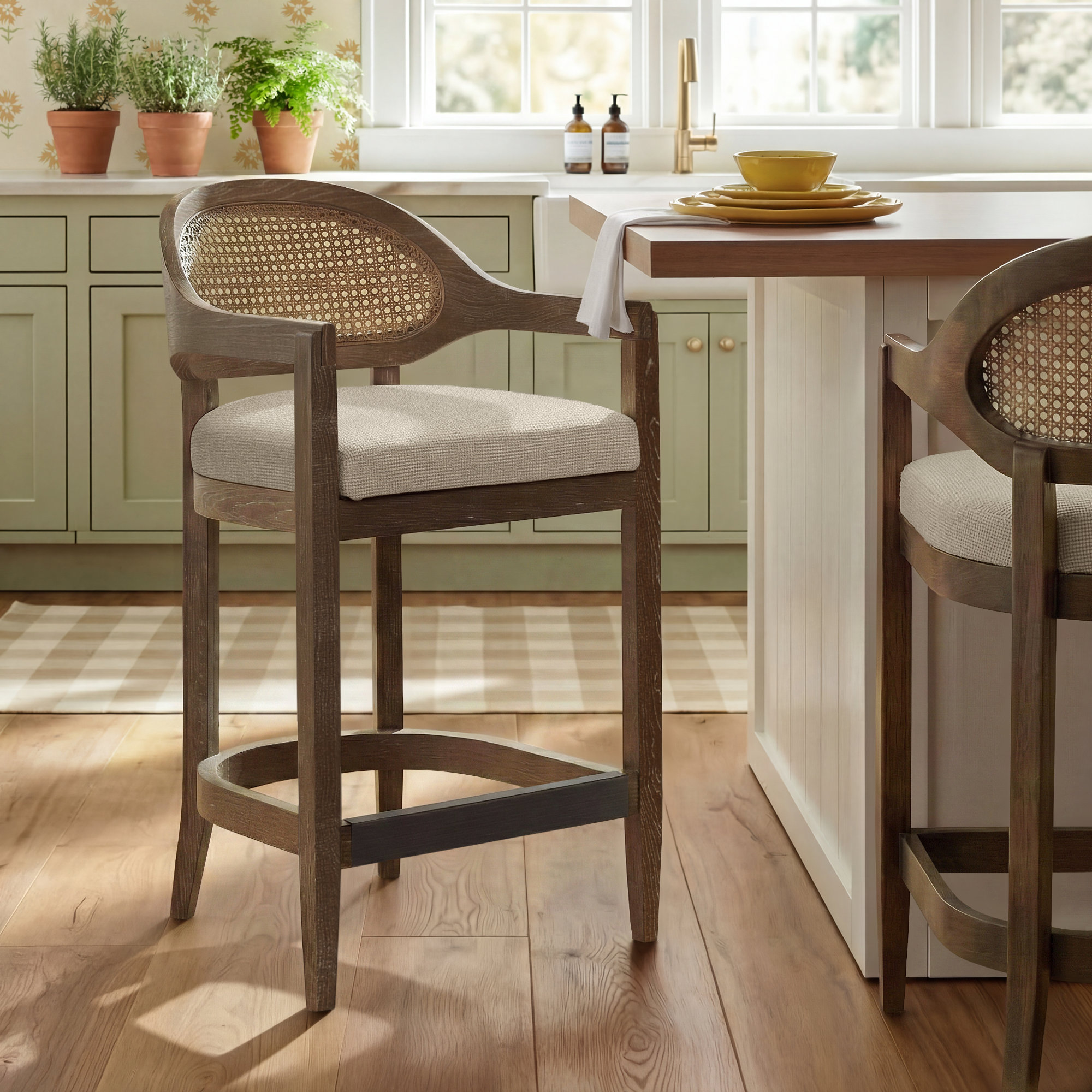 Copley Cane Stool, Taupe Beige, Counter Stool (26” Seat Height)
