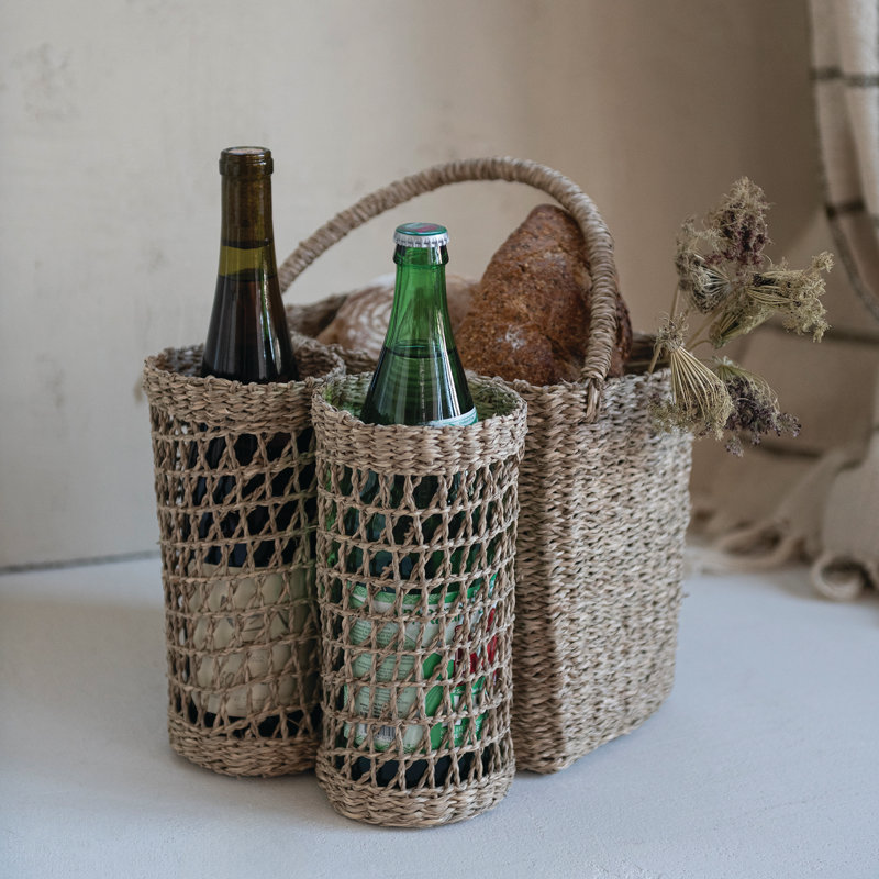 Panier en ruppie tissée à la main avec poignée et porte-bouteilles