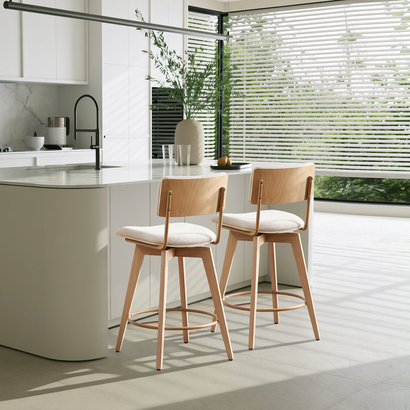  Ashwell 26" Mid-Century Modern Linen Upholstered Swivel Counter Stools with Curved Seat and Back, Natural