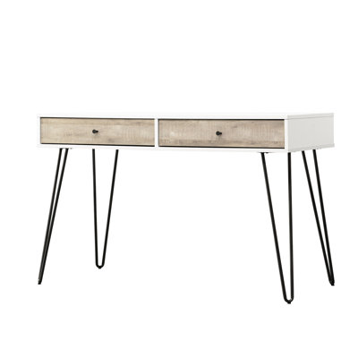 Bureau d'artisanat en chêne taupe avec 2 tiroirs de rangement et accents métalliques - Économie d'espace pour les tiroirs artisanaux