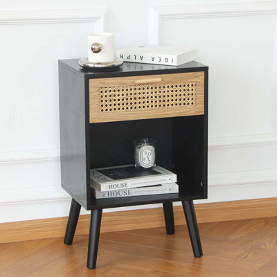 Rattan Side Table, Small Bedside Tables Natural Wood Nightstand With Drawer And Open Shelf, Modern Nightstand With Solid Legs