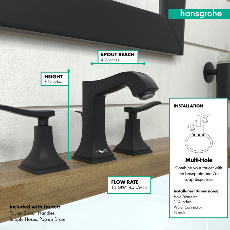 Metropol Classic Widespread Bathroom Faucet with Drain Assembly, Lever Handle, Matte Black