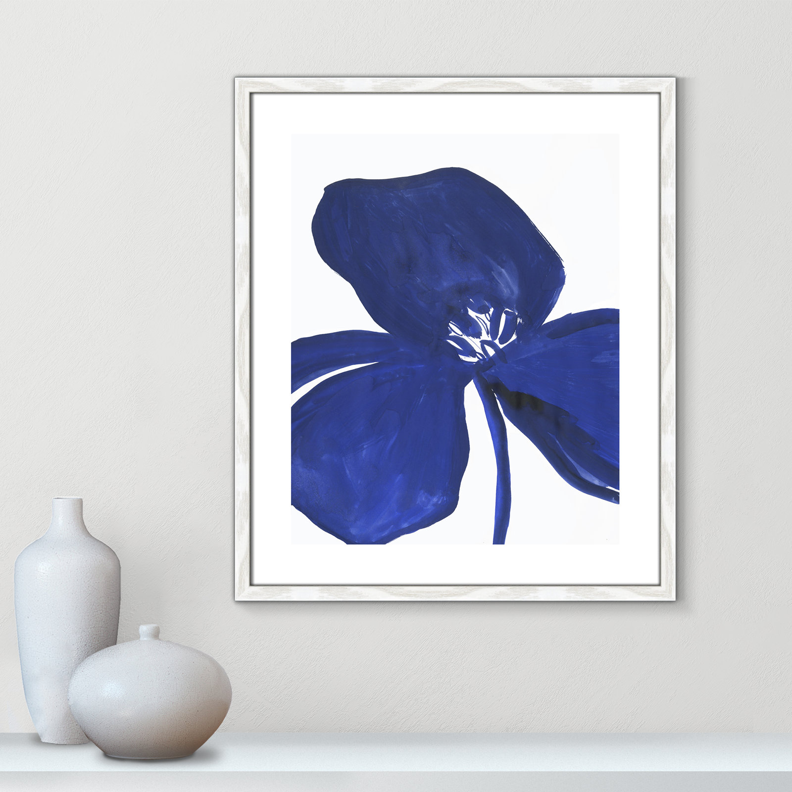Clarisse "Indigo Petal II" Painting, White Framed Paper, 25.5" H x 21.5" W x 0.75" D