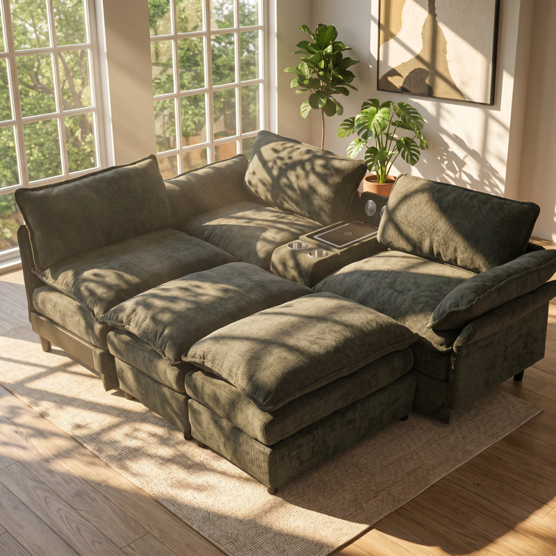 Canapé modulaire en U Chenille l 124 po x P 51,5 po x H 34 po Everett, Green Chenille