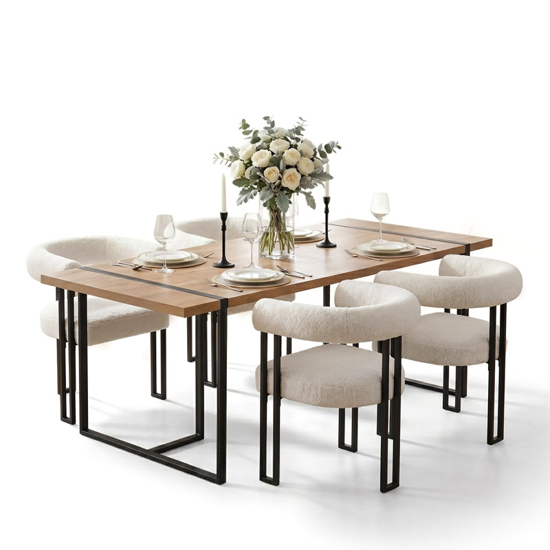 5-Piece Rectangular Dining Table Set For 4 With Boucle Upholstered Chairs