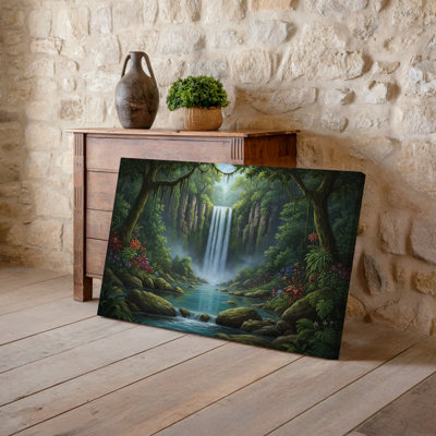 Toile «A Serene Tropical Swamp Scene mettant en vedette une cascade d'eau encadrée» par Lush Greenery Towering Trees and Vibrant, impression sur toile