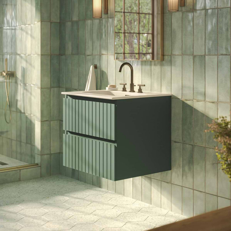 Meuble-lavabo simple flottant cannelé Adden, Vert forêt, L 24 po
