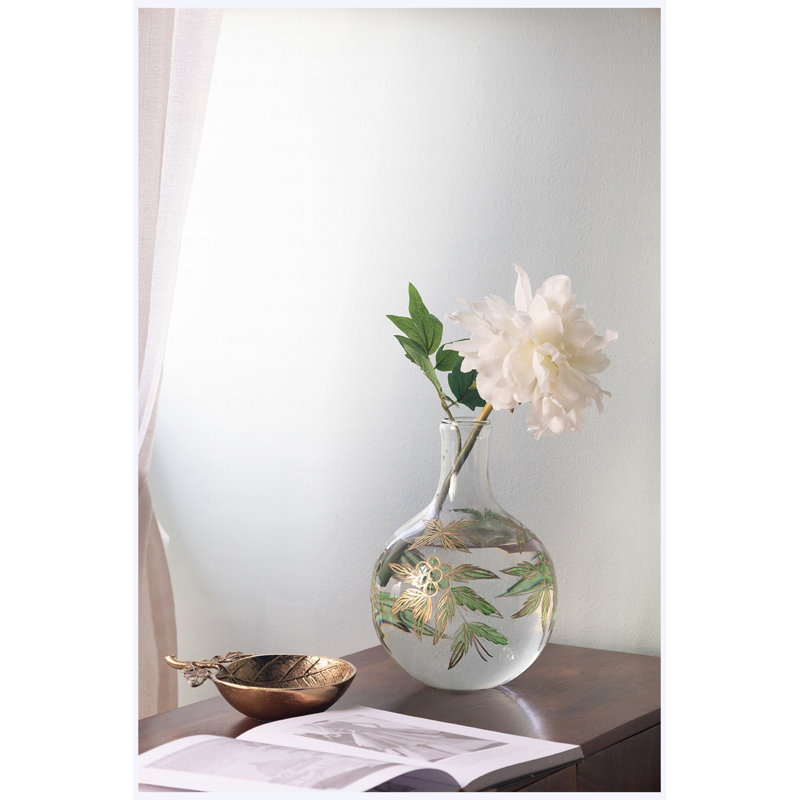 Vase en verre transparent 11 "avec cou élancé H 11", motifs botaniques verts et dorés, vase à fleurs décoratif