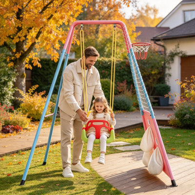 Balançoire 3 en 1 pour tout-petits avec panier de basketball et buts de soccer, balançoire bébé intérieure/extérieure avec support métallique pliable, balançoire pour enfants pour le jardin, instructions claires, facile à monter et à ranger